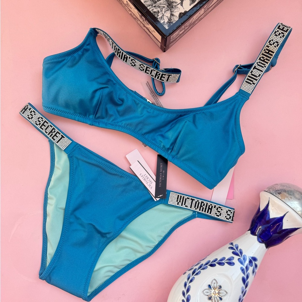 Victoria'S Secret Blue Swim Suit Logo Rhinestone Size S